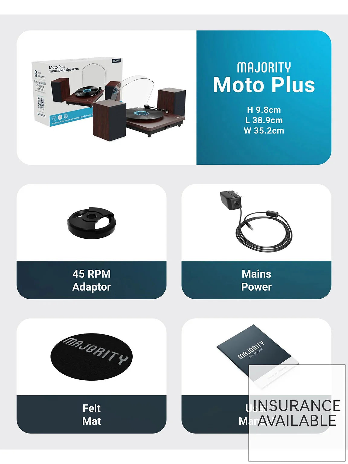Turntable accessory bundle showing 45 RPM adaptor, power lead, and felt mat