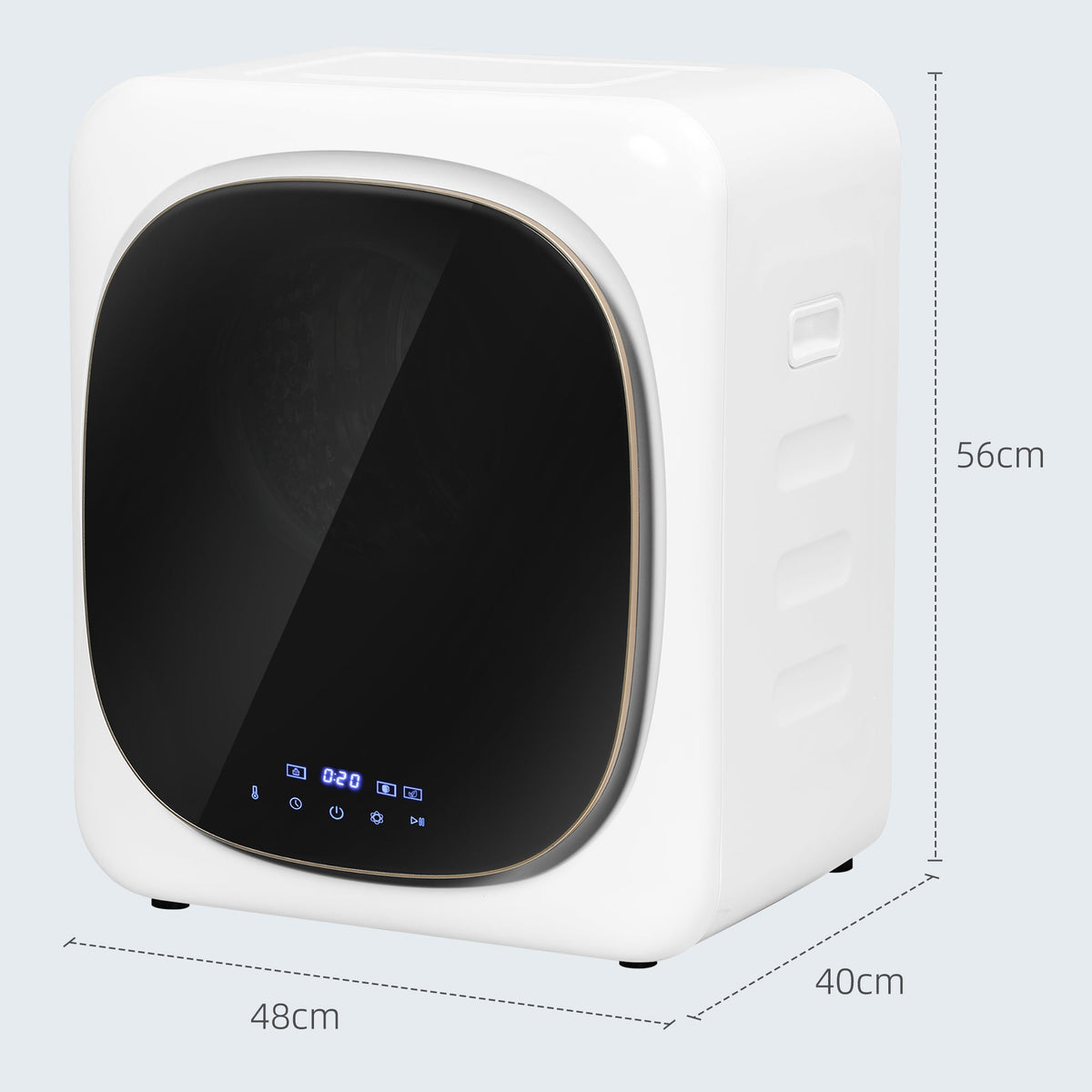 White compact front-load tumble dryer with black glass door and side ventilation grille