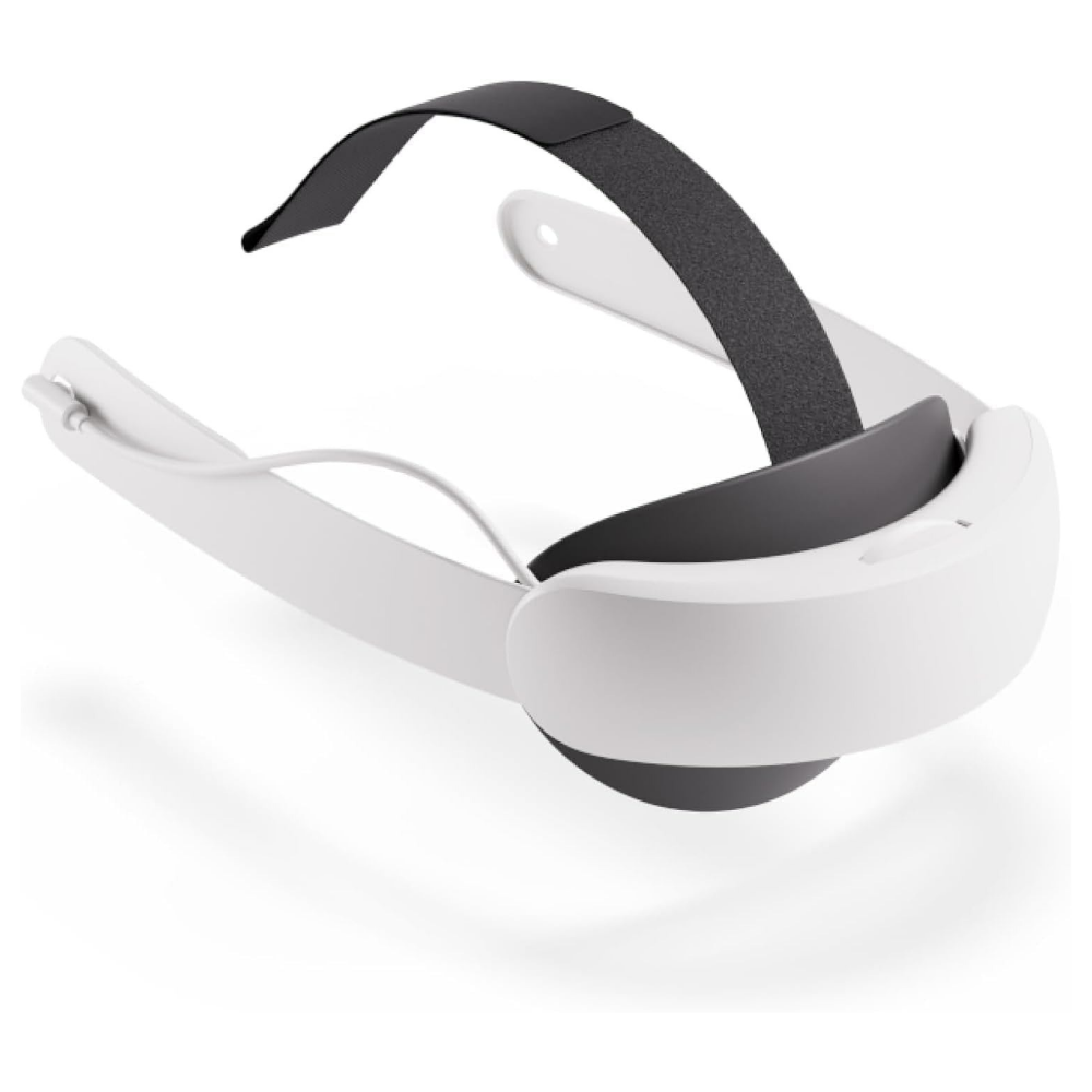 White VR headset with black adjustable fabric strap and cushioned side padding