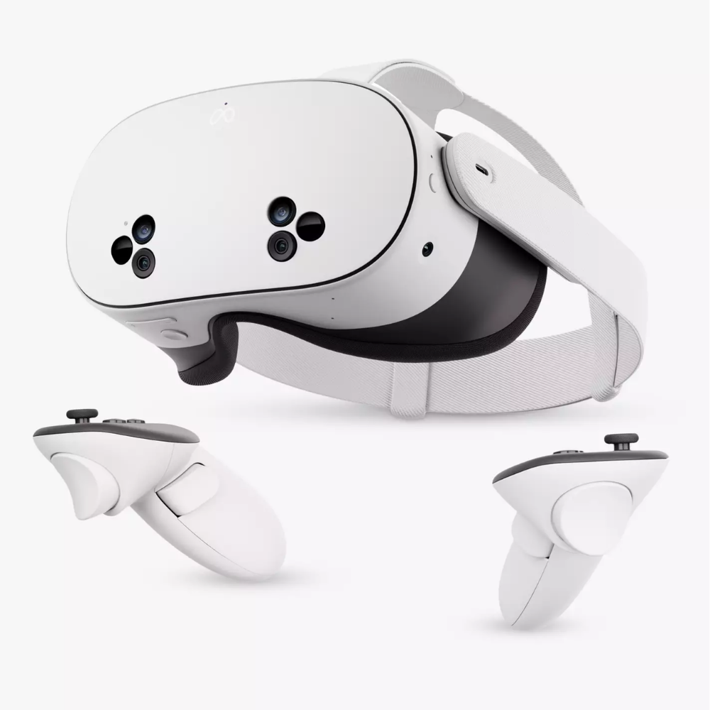 White VR headset with wide head strap and molded carry case, front view
