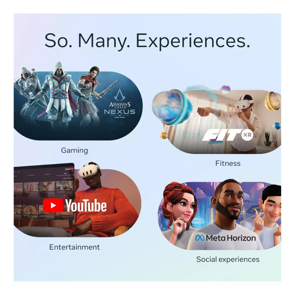 VR headset held near colorful experience icons: gaming, fitness, entertainment