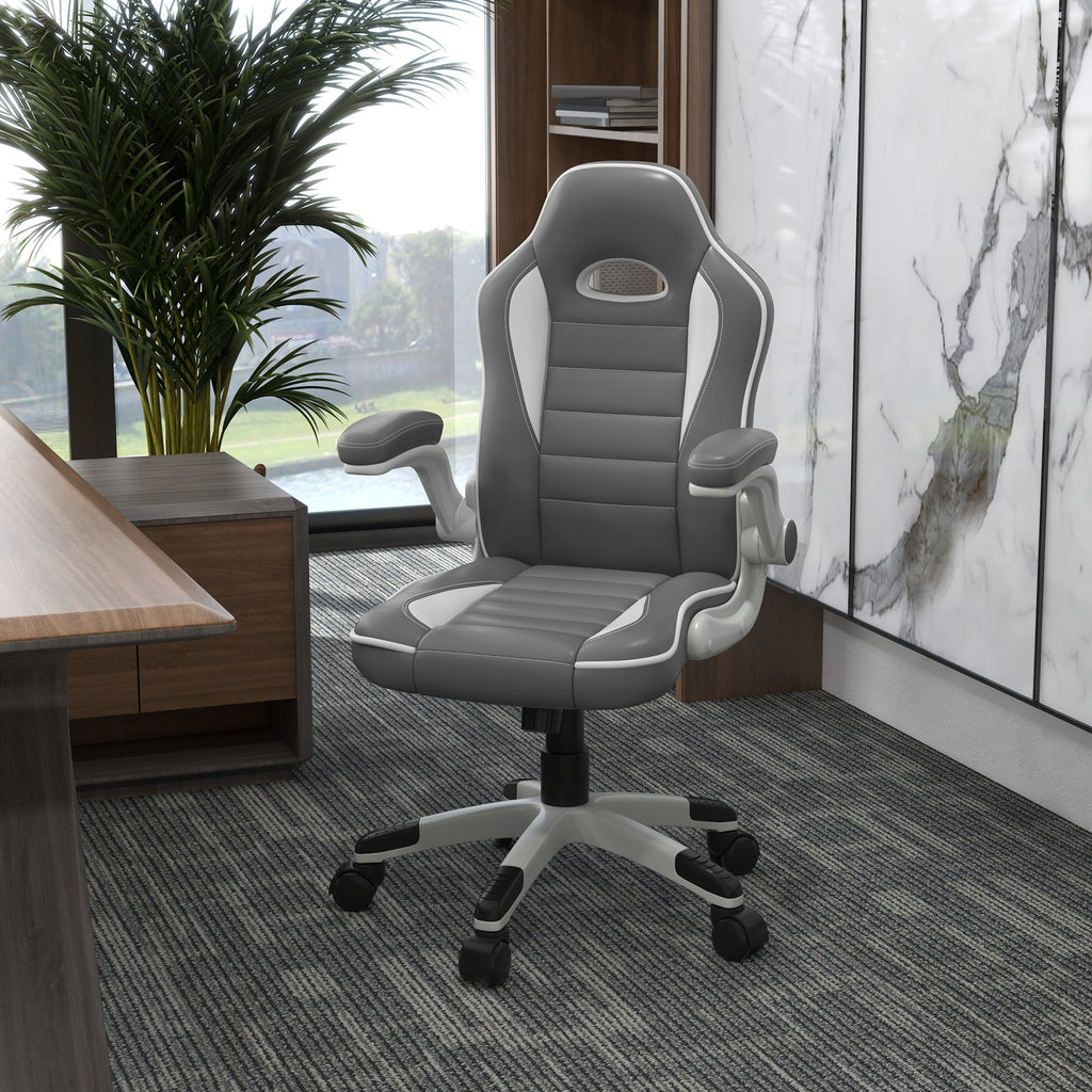 Grey PU leather office chair with high back, padded arms, swivel base and caster wheels