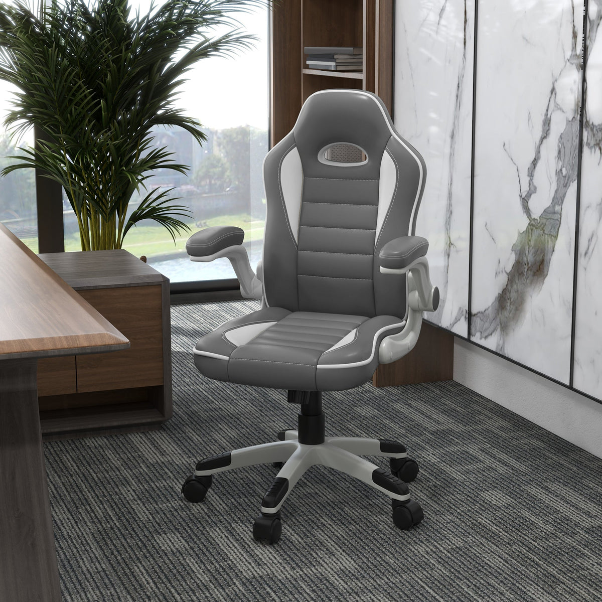 Grey PU leather office chair with high back, padded arms, swivel base and caster wheels