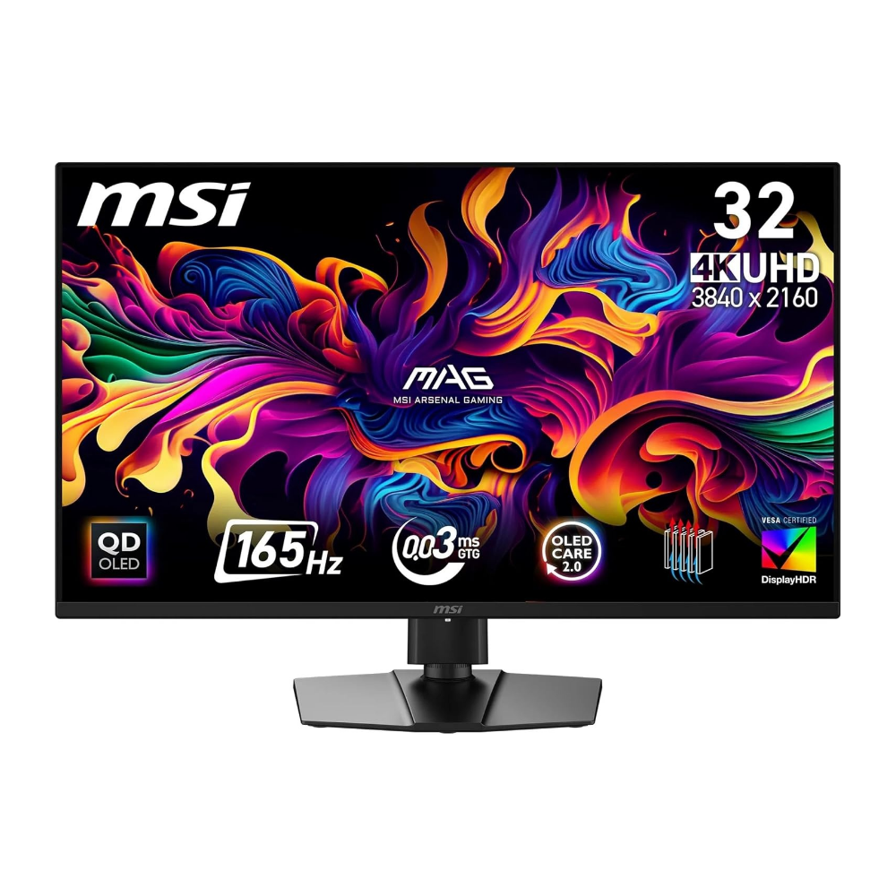 MSI 32-inch QD-OLED gaming monitor, black stand, front with vivid screen artwork