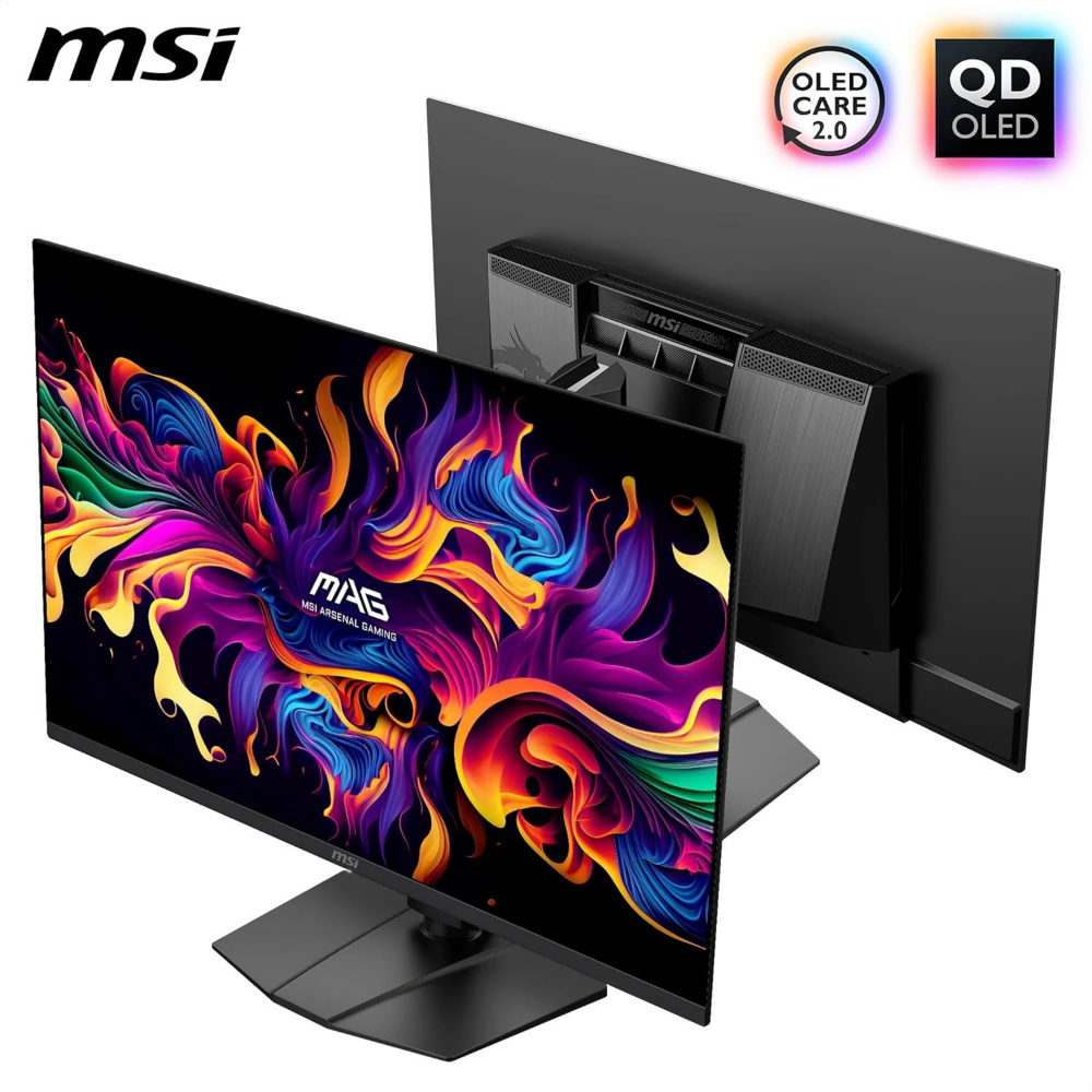 MSI 32-inch QD-OLED gaming monitor, angled view of thin black screen and stand