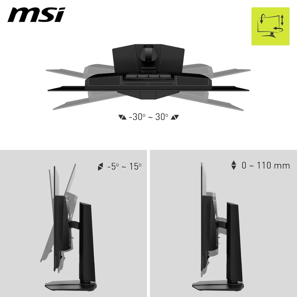 MSI 32-inch QD-OLED gaming monitor, rear view with adjustable stand tilt and height