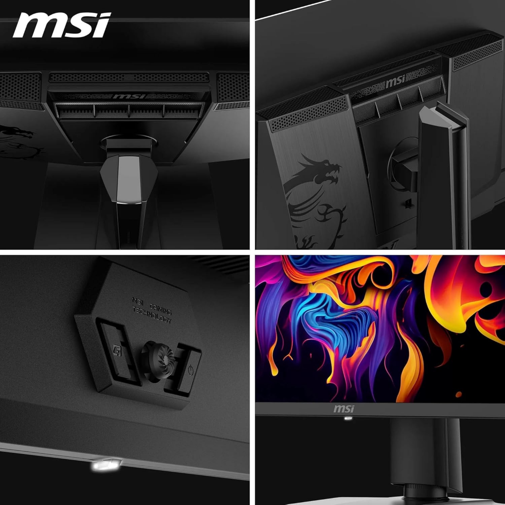 MSI 32-inch QD-OLED gaming monitor back detail, ports and vents on black casing