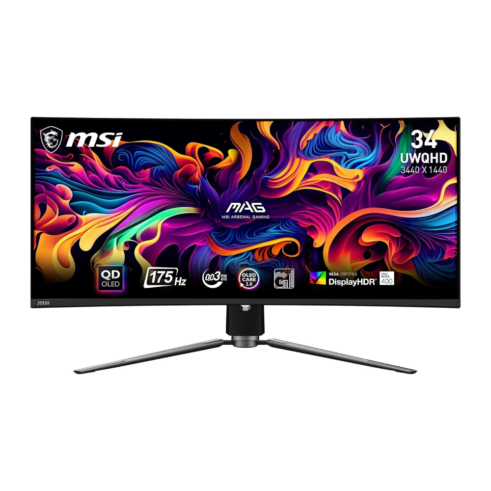 MSI curved gaming monitor with ultrawide OLED display and three-prong stand