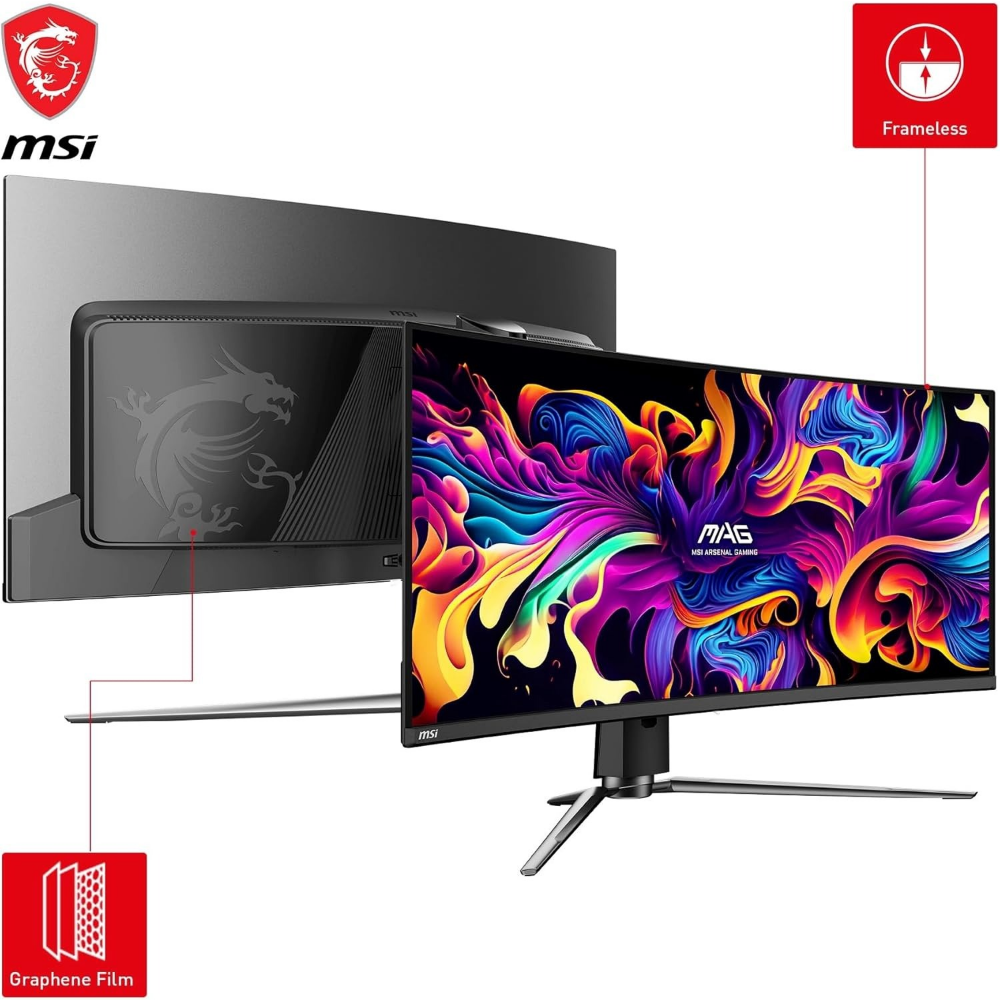 Curved MSI monitor with colorful QD OLED screen and three-prong stand