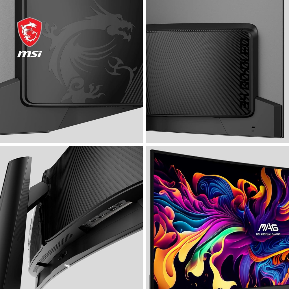 MSI monitor close-up: back dragon panel, ports, side vents, and screen corner