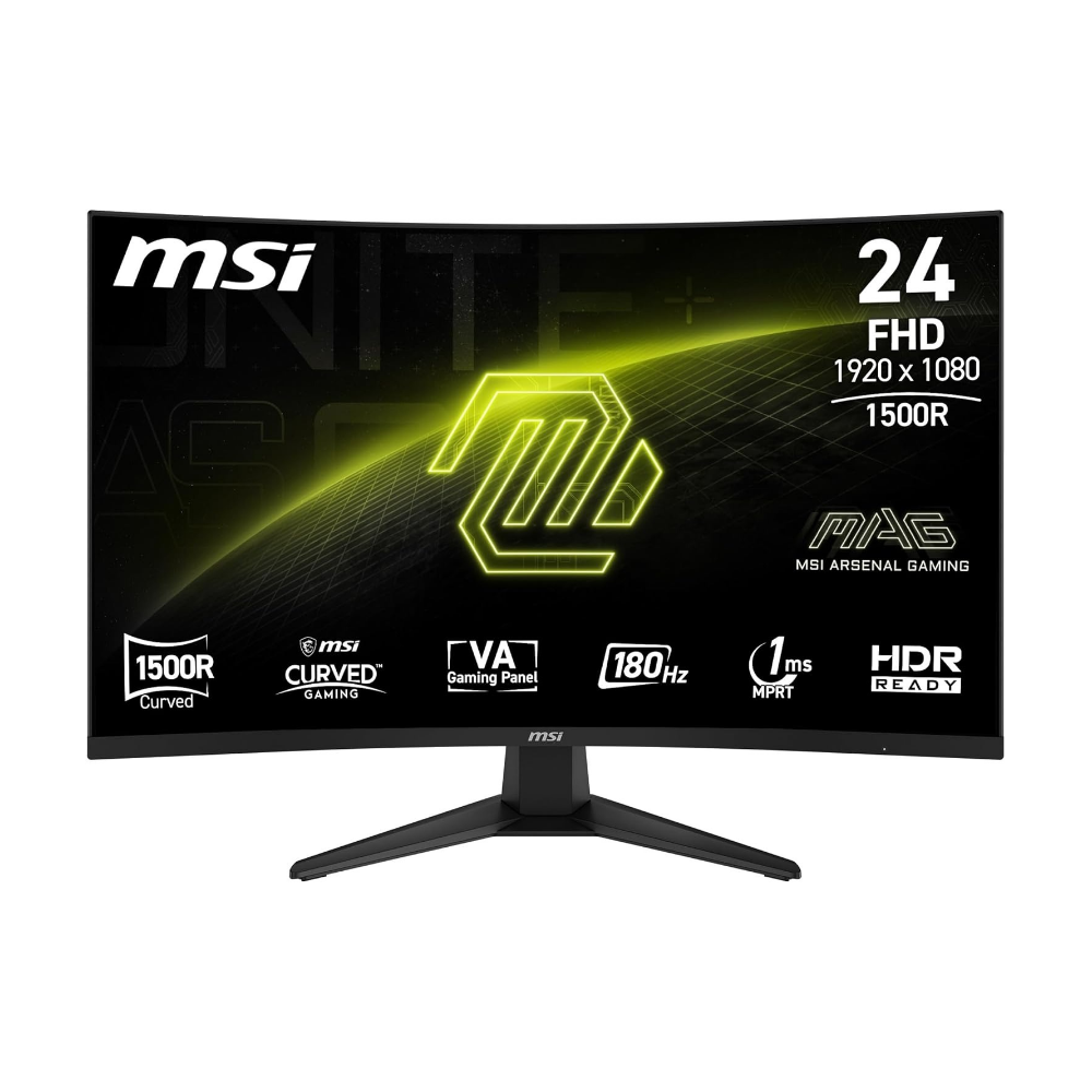 MSI MAG 24-inch curved gaming monitor, front screen neon green branding