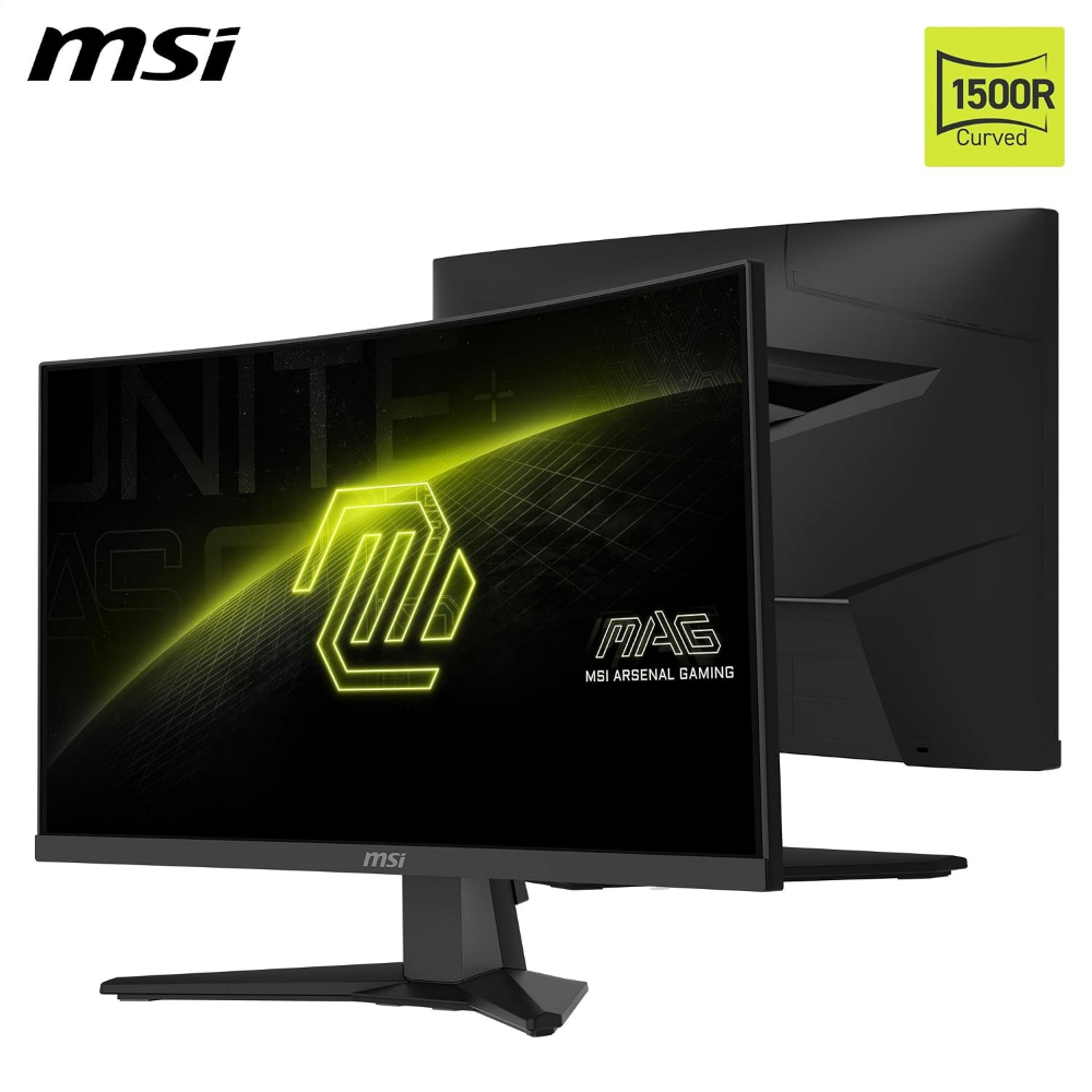 MSI MAG curved gaming monitor, angled front view with neon green logo