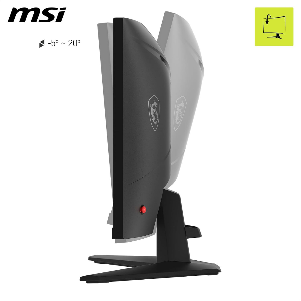 Black MSI MAG curved gaming monitor, side view with tilt range icon, stand base