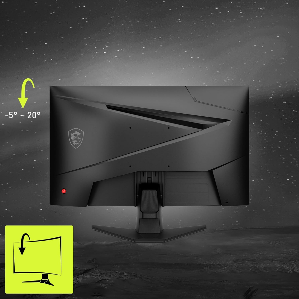 Black MSI MAG curved gaming monitor, rear view with central stand