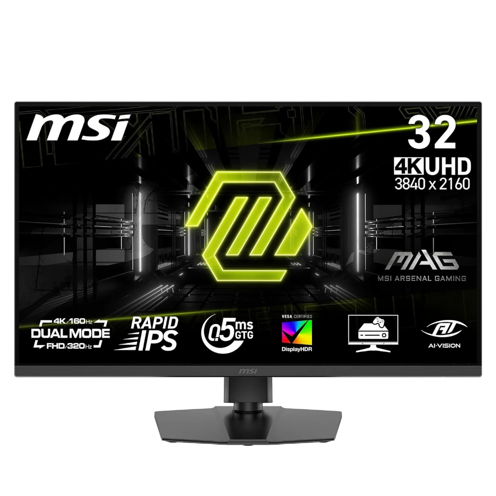 MSI MAG gaming monitor, black 32-inch 4K UHD screen with central stand.