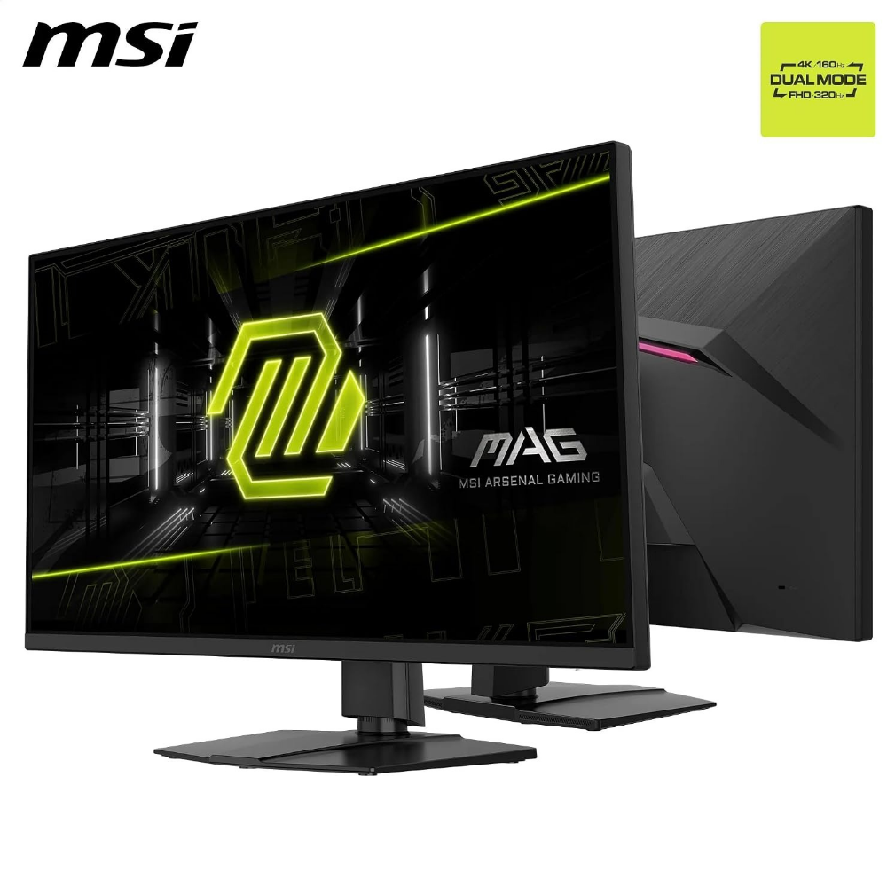 MSI MAG gaming monitor, black front with angled view and detachable rear panel.
