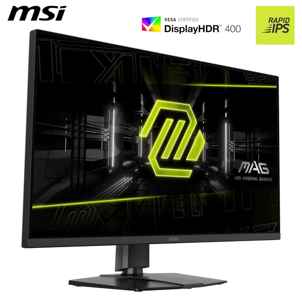 MSI MAG gaming monitor, black 32-inch 4K UHD display with neon-lit design.