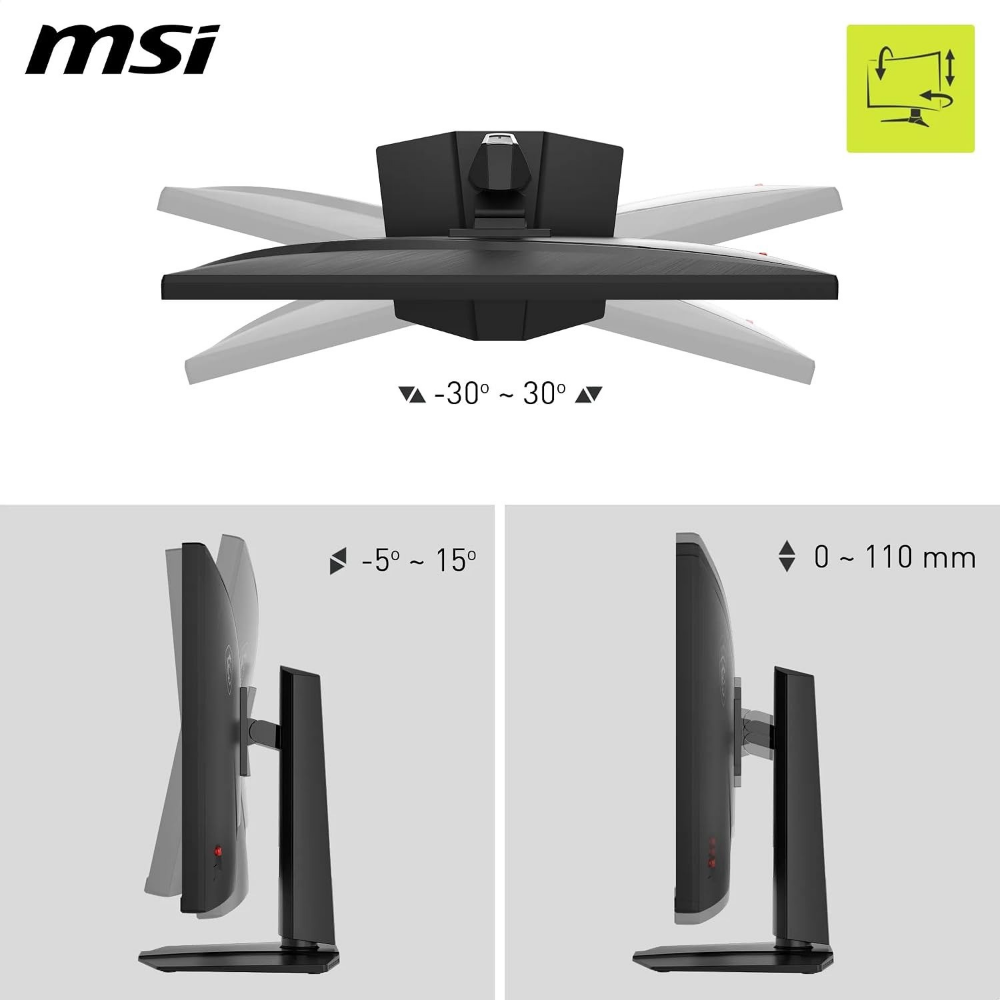 MSI MAG gaming monitor stand, black base with tilt adjustment indicators.