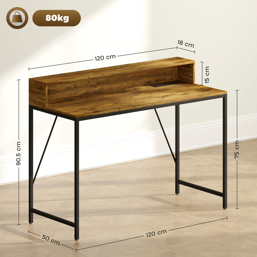 120 cm rustic brown computer desk with black metal legs and top shelf