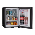 Black mini bar fridge with doors open; interior shelves and LED-lit compartments