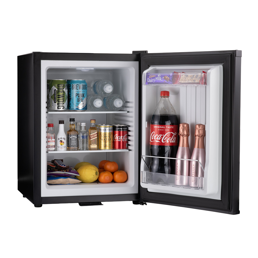 Black mini bar fridge with doors open; interior shelves and LED-lit compartments