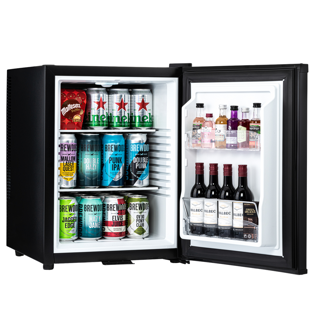 Mini bar fridge with open door, stocked drinks on white shelves