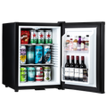 Mini bar fridge with open door, stocked drinks on white shelves