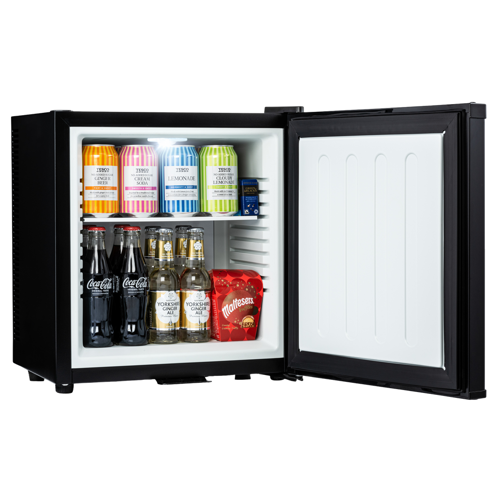 Black mini bar fridge with door open, drinks inside and bright interior light