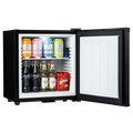 Black mini bar fridge with door open, drinks inside and bright interior light