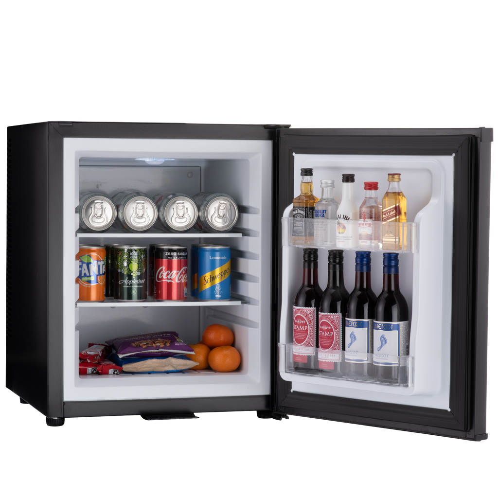Black mini bar fridge with open doors, glass shelves, cans and bottles inside