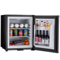 Black mini bar fridge with open doors, glass shelves, cans and bottles inside