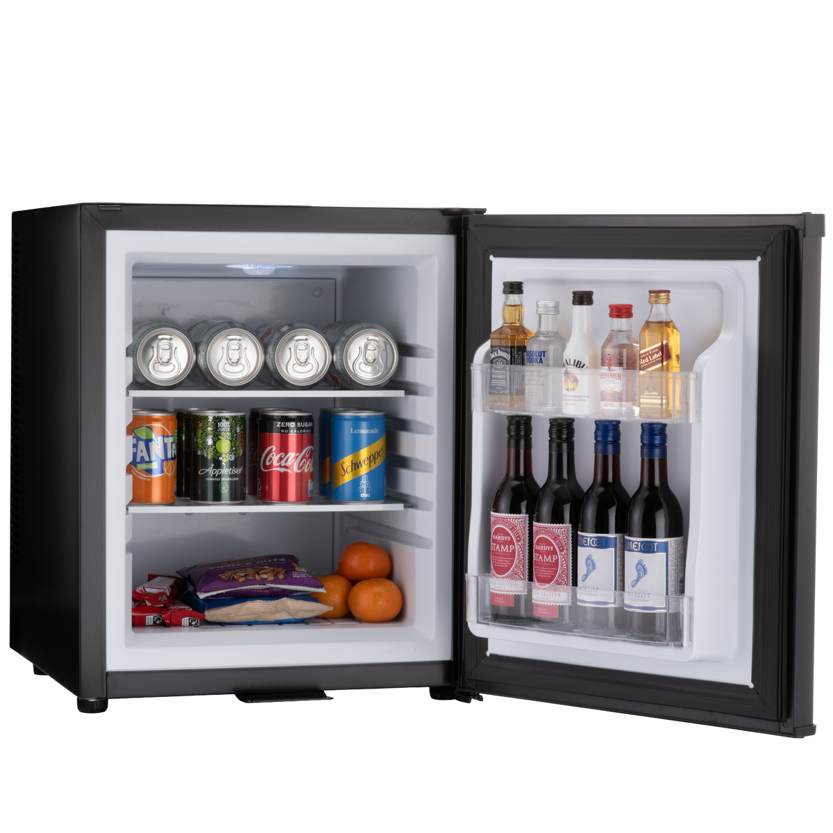 Black mini bar fridge with open doors, glass shelves, cans and bottles inside