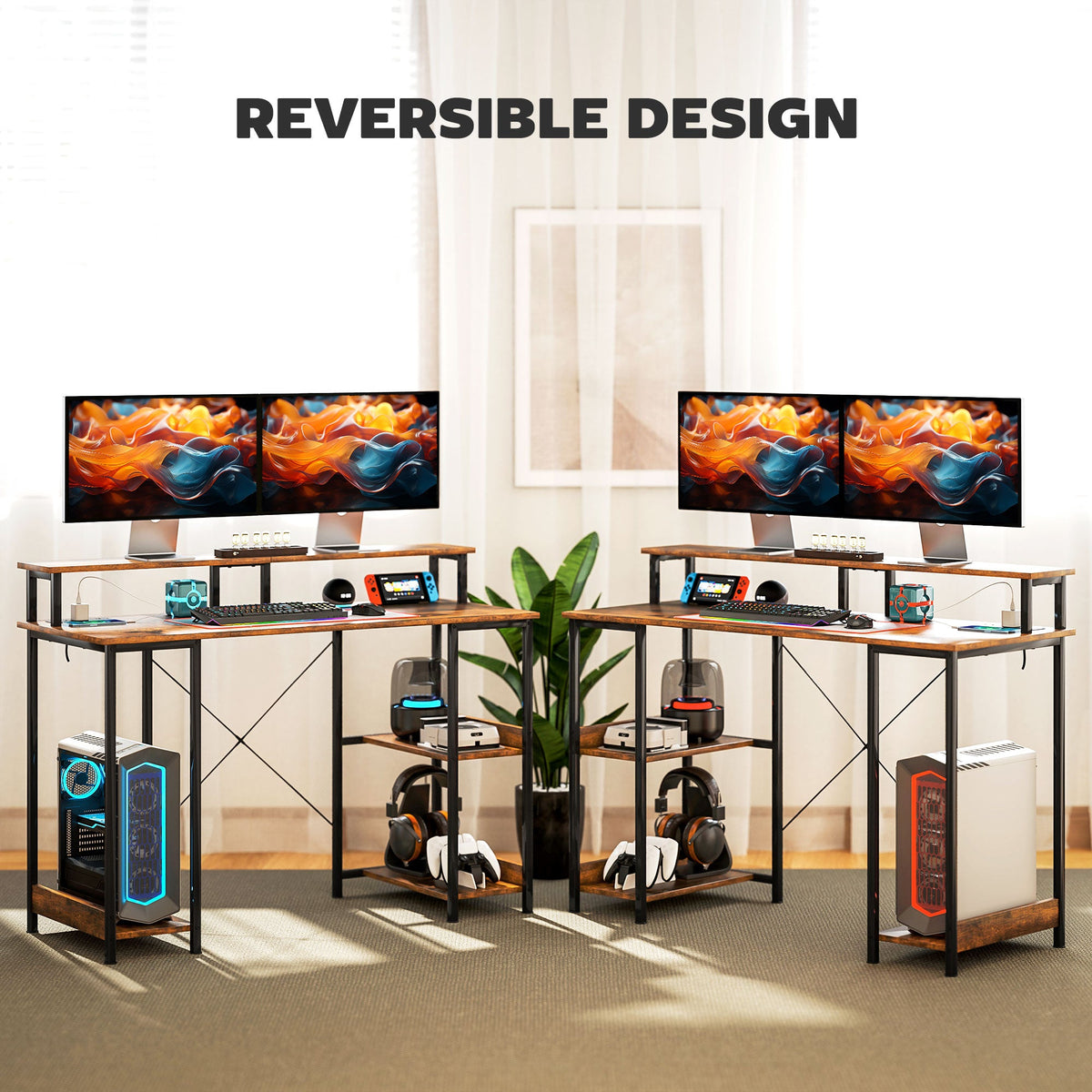 Reversible rustic brown computer desk with dual monitors and storage shelves
