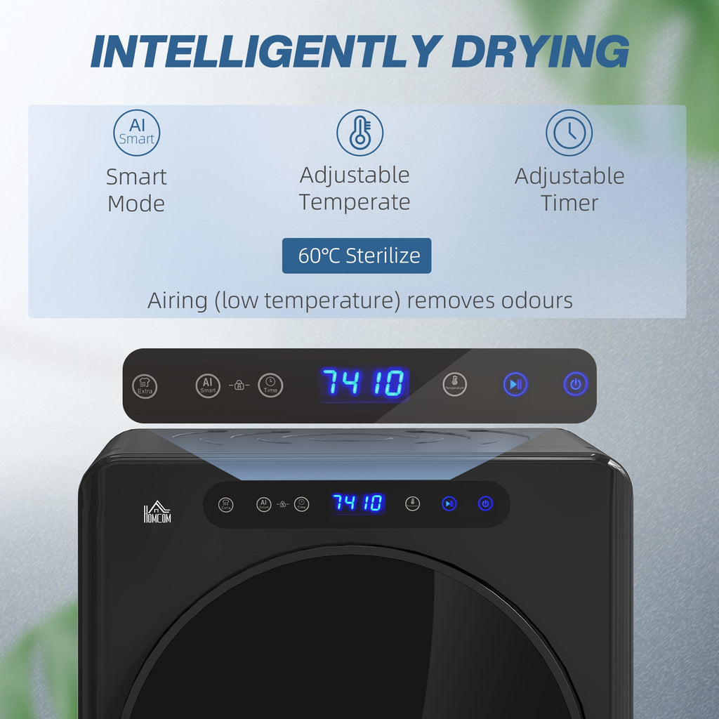 Black tumble dryer control panel with digital display and blue indicator lights