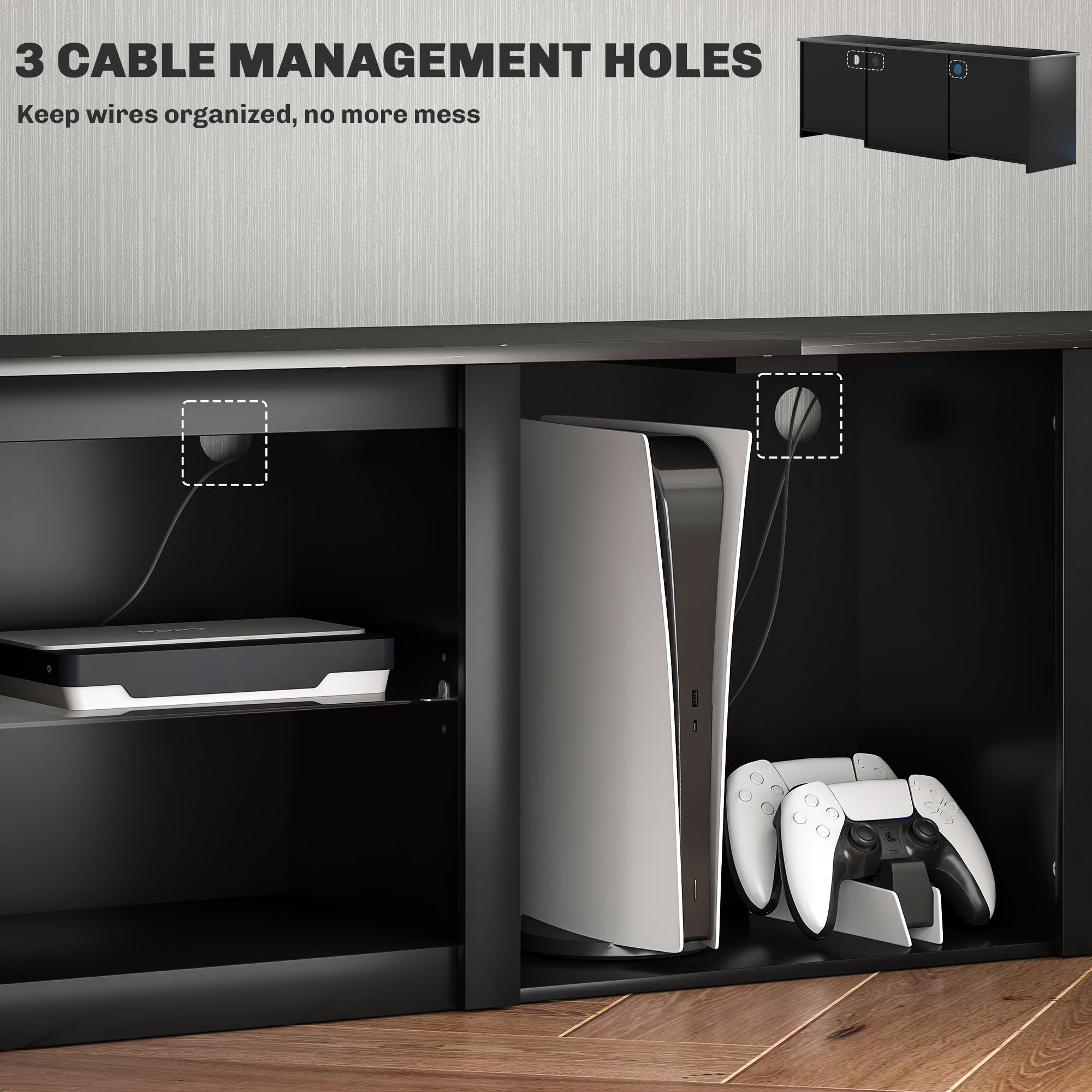 Black TV stand cabinet with cable management holes and open compartments for console