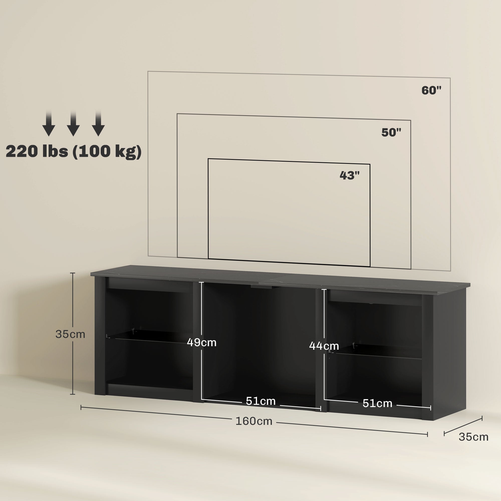 Black TV unit cabinet with front dimensions diagram and open center shelving layout