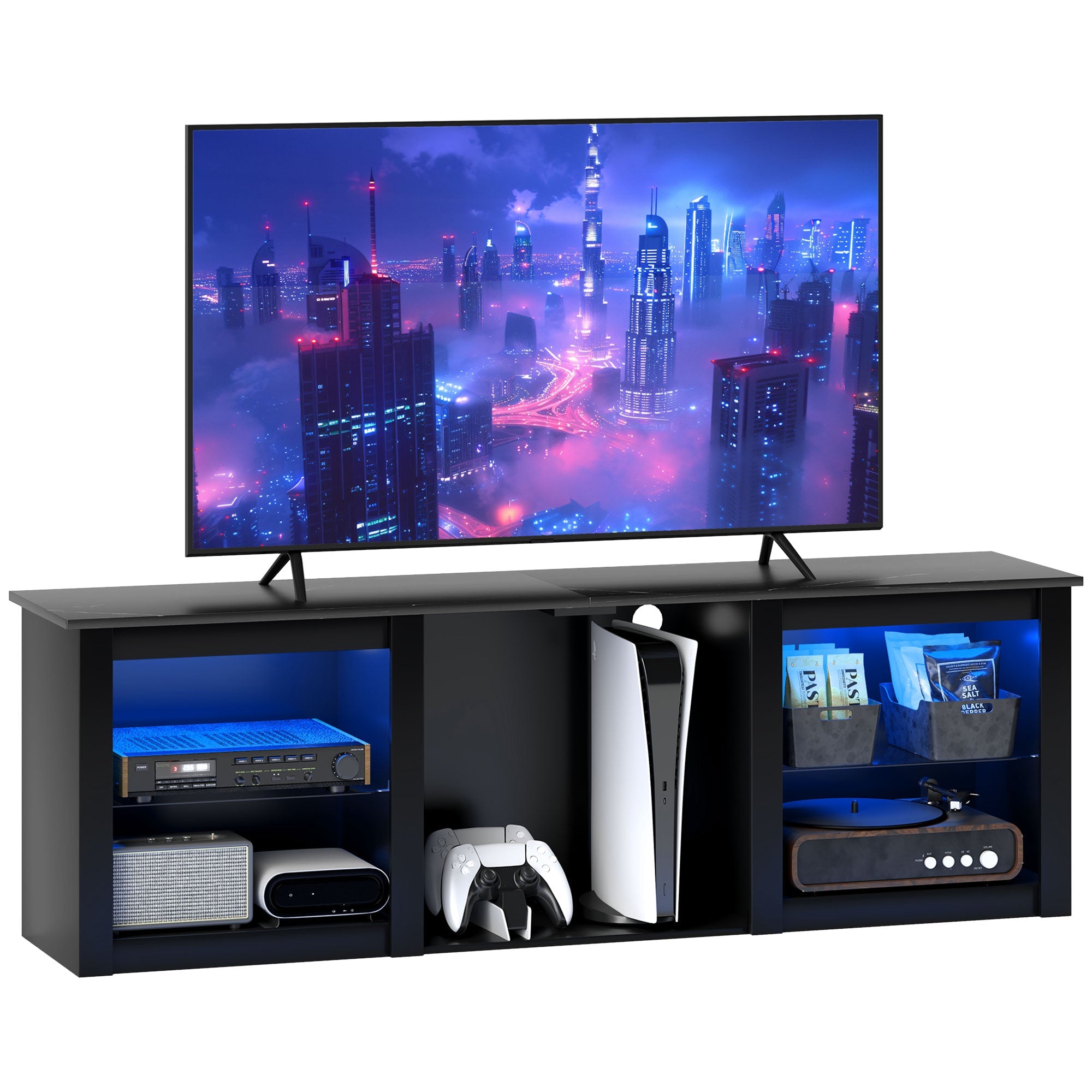 Black TV stand cabinet with blue LED lighting and open center console and media bays