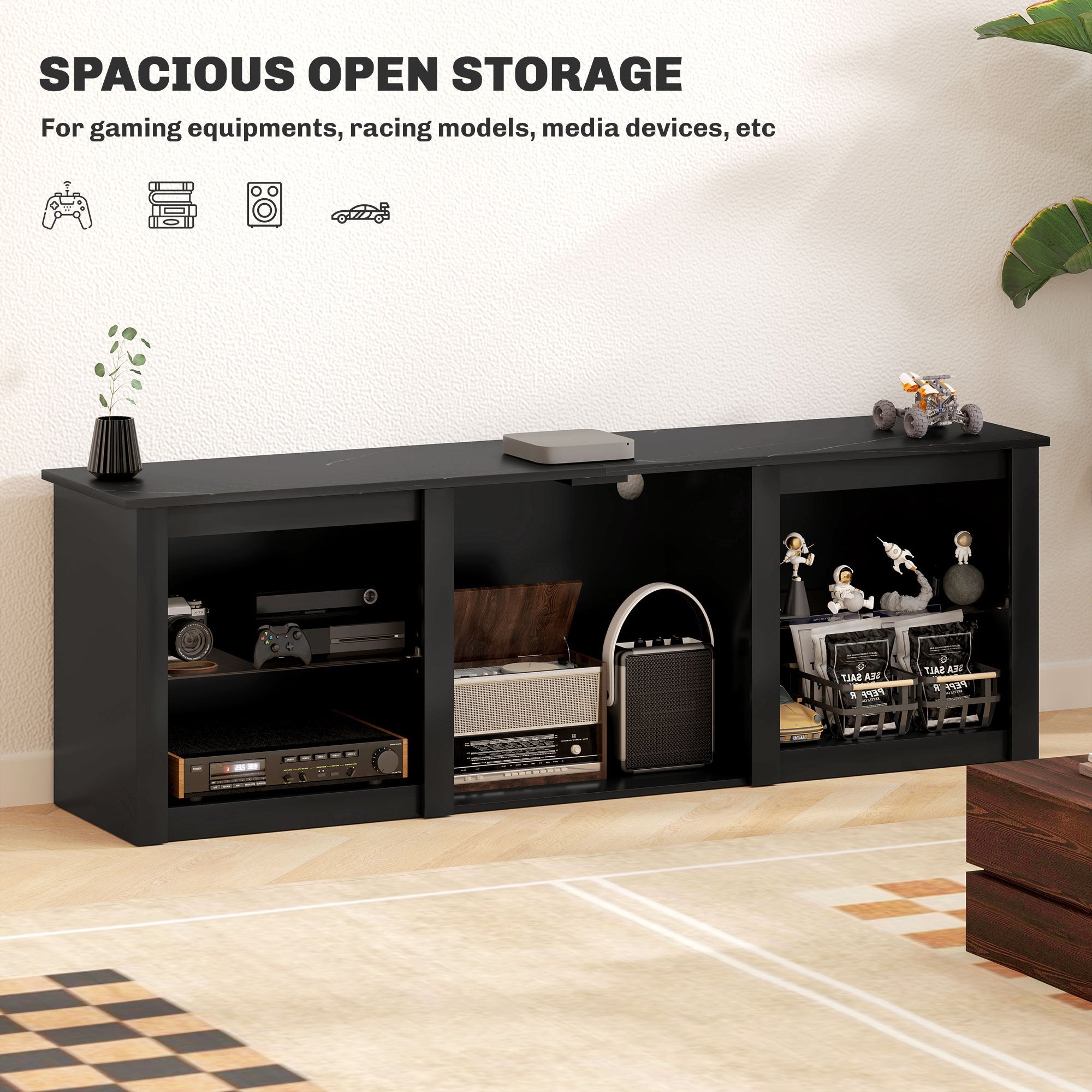 Black TV media console with open storage bays for gaming gear, console, and speakers
