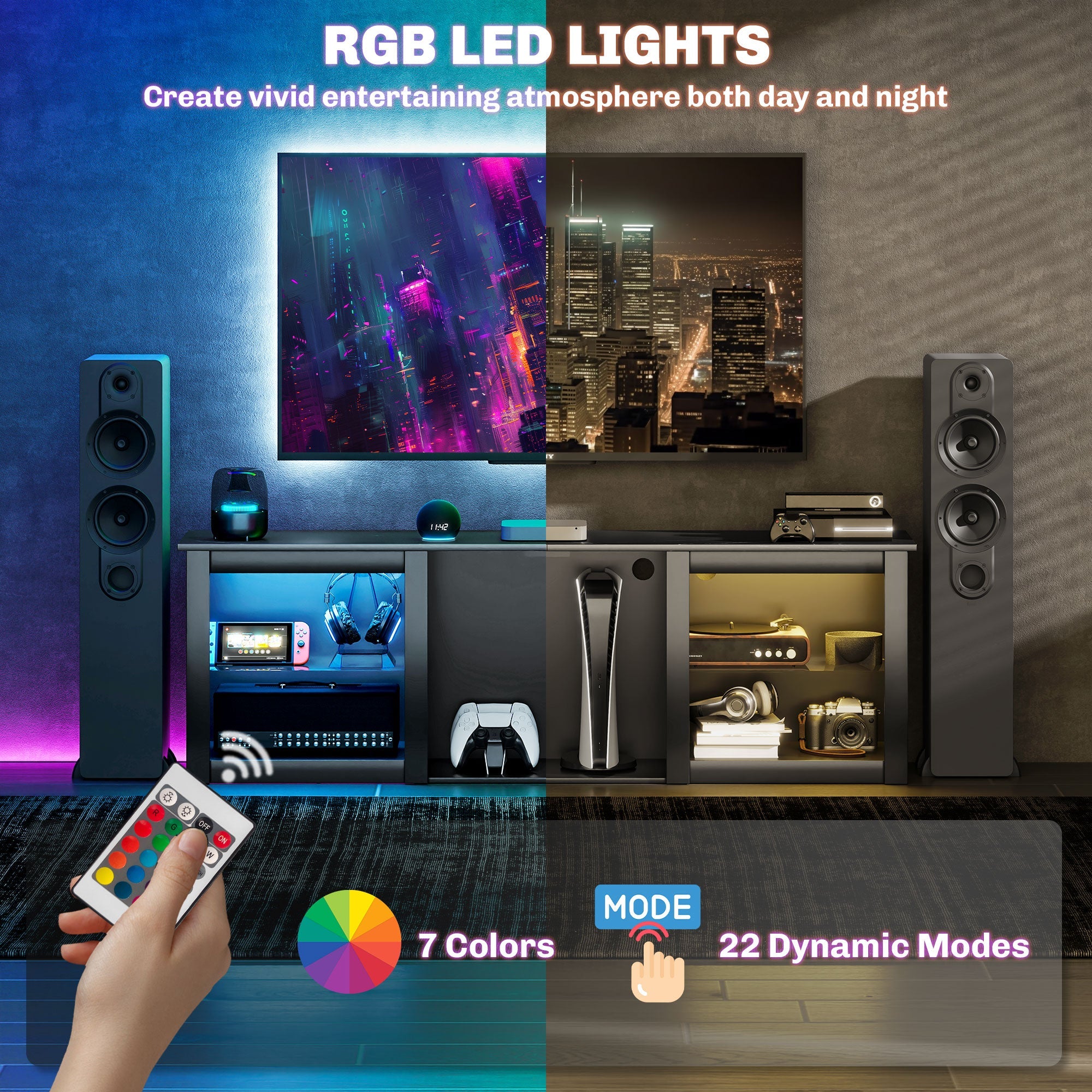 Black TV stand with RGB LED lights, gaming console storage, and remote-controlled illumination