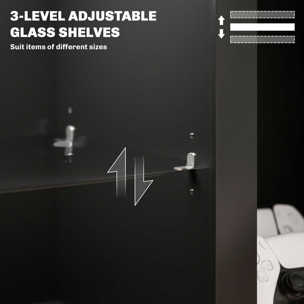 Black TV cabinet design with 3-level adjustable glass shelves inside storage compartments