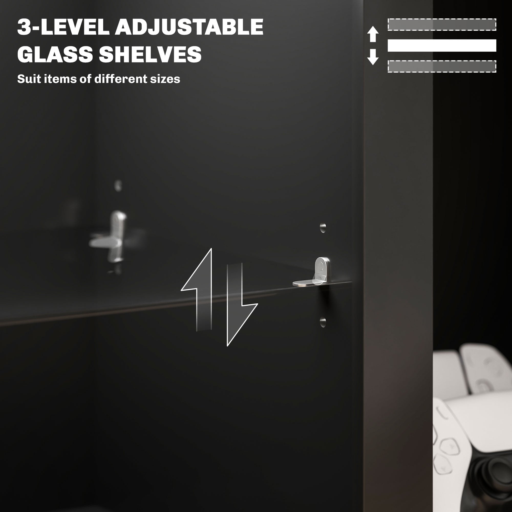 Black TV cabinet design with 3-level adjustable glass shelves inside storage compartments