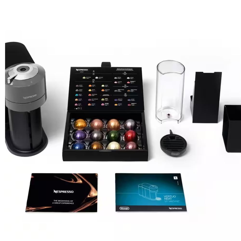 NESPRESSO Vertuo Next dark grey system with pod assortment, milk jug and parts