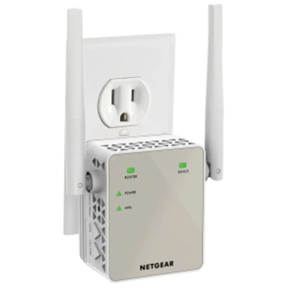 NETGEAR WiFi range extender with two antennas and LED status lights