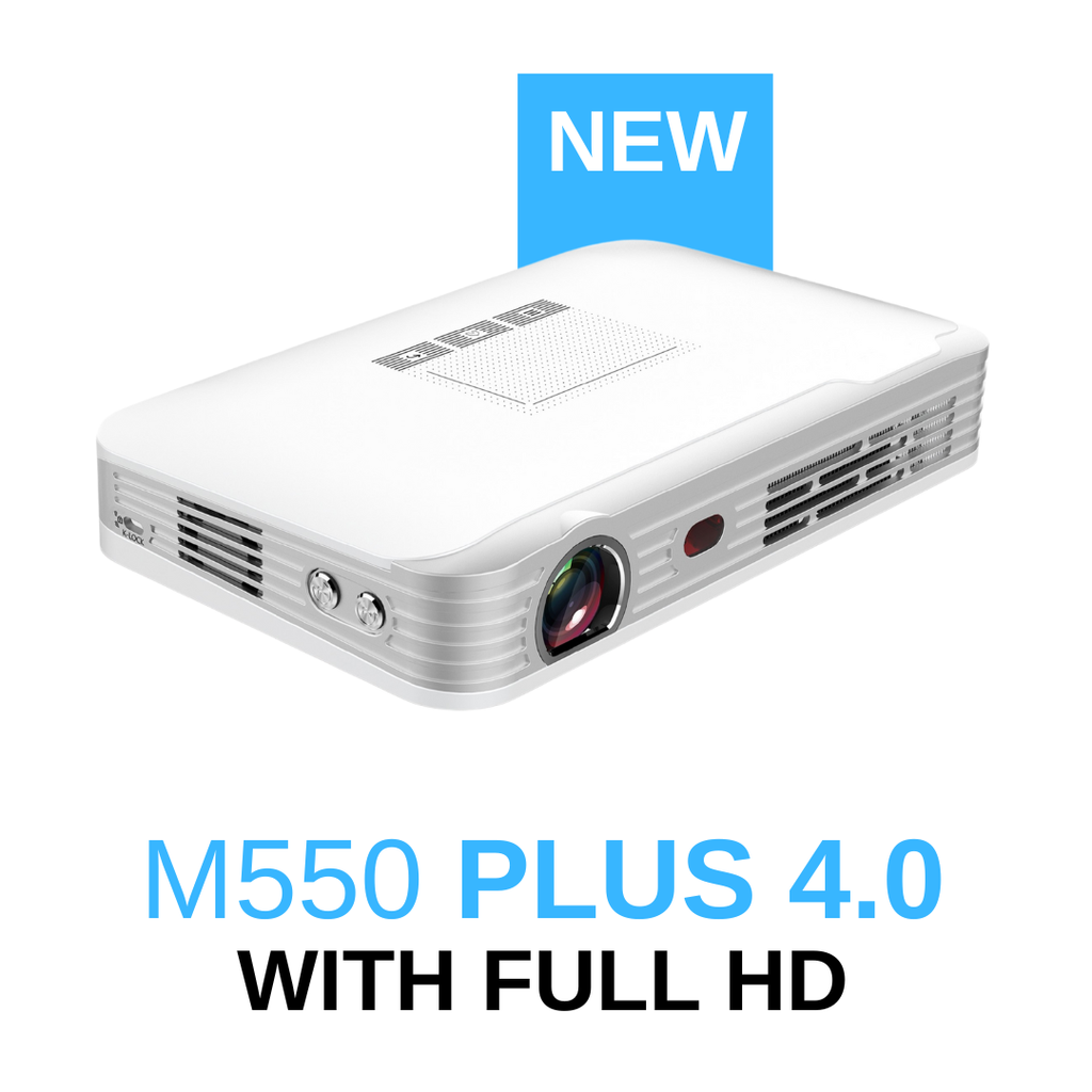 White ultra-portable smart projector with front lens and vented sides