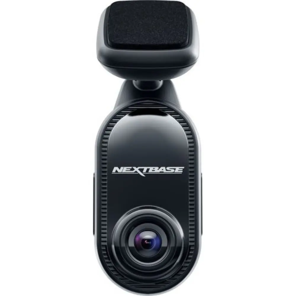 Black NEXTBASE dash cam front view with wide lens and dark top cover