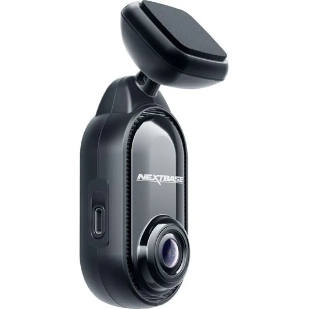 Black NEXTBASE dash cam side view with circular lens and mounting arm
