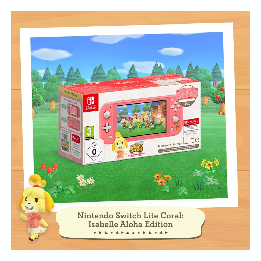 Coral Nintendo Switch Lite console box with Animal Crossing: Isabelle edition