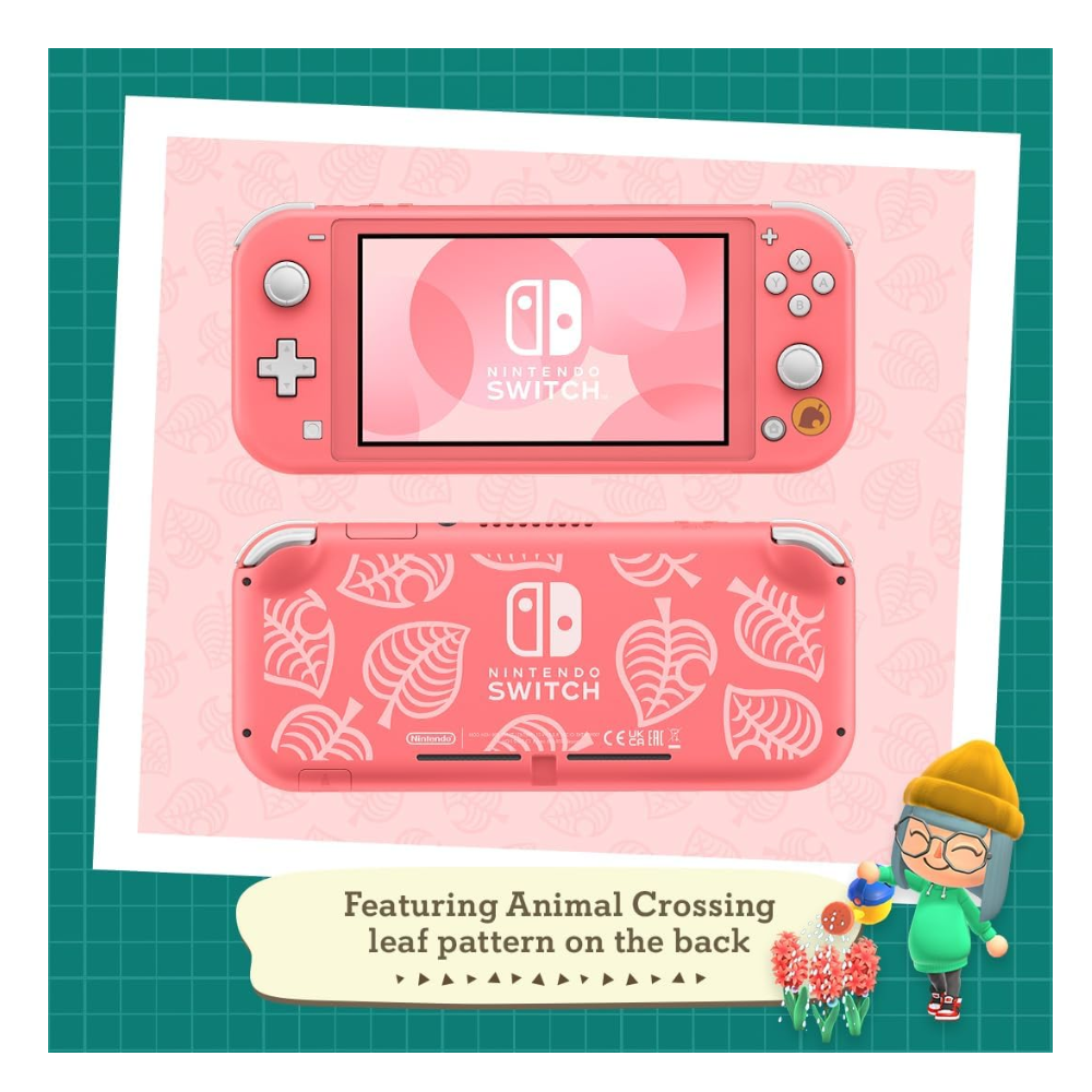 Coral Nintendo Switch Lite handheld console with Animal Crossing leaf pattern