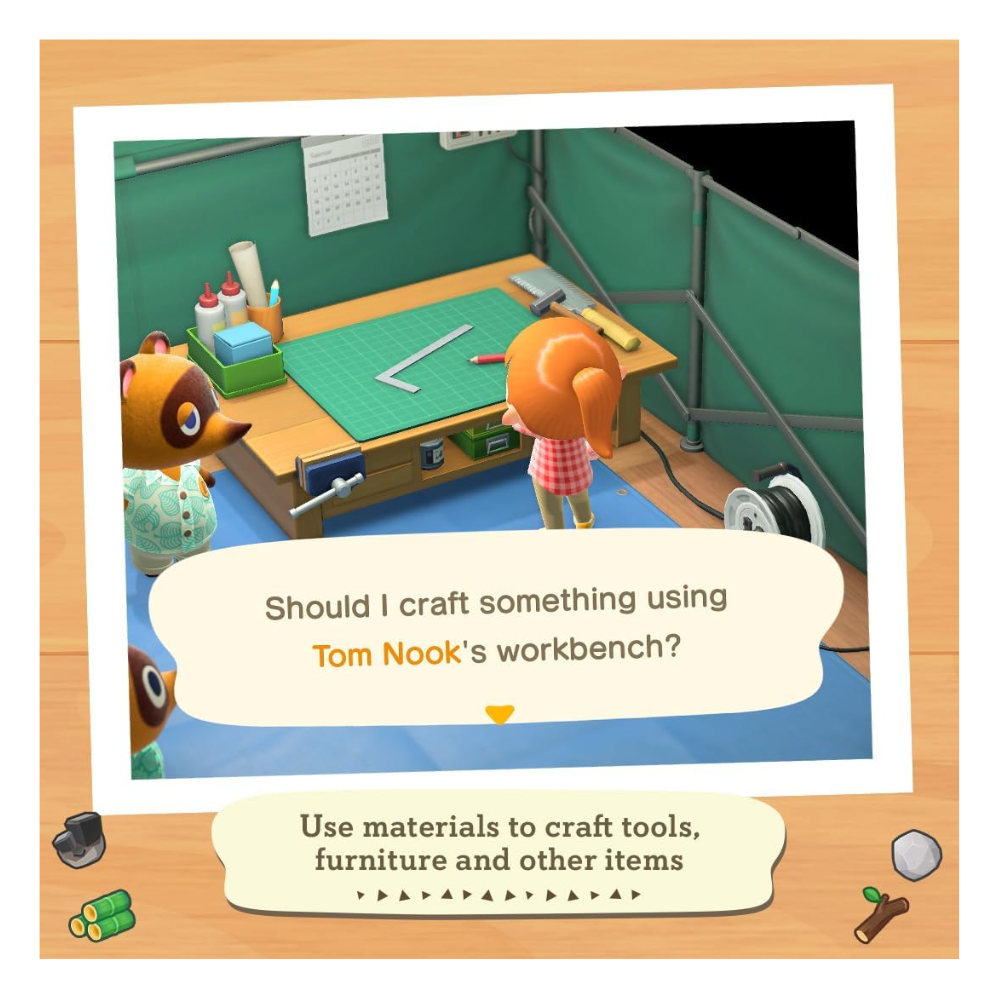 Nintendo Switch Lite handheld gameplay scene showing crafting with Tom Nook