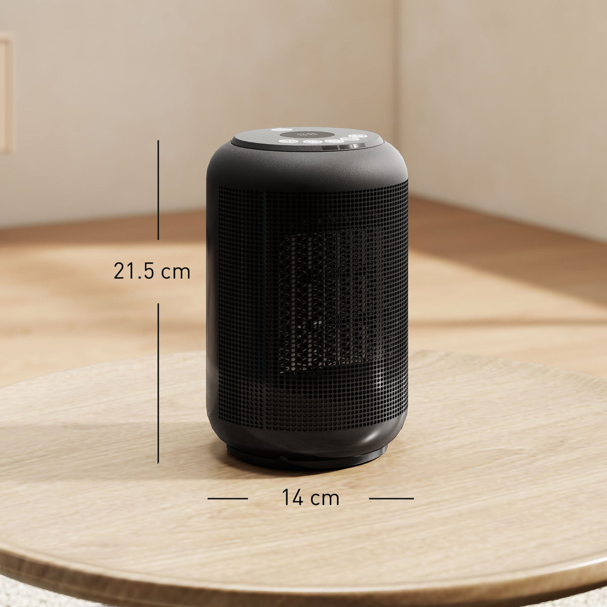 Black ceramic electric heater with vented front, shown with size markings 21.5 x 14 cm